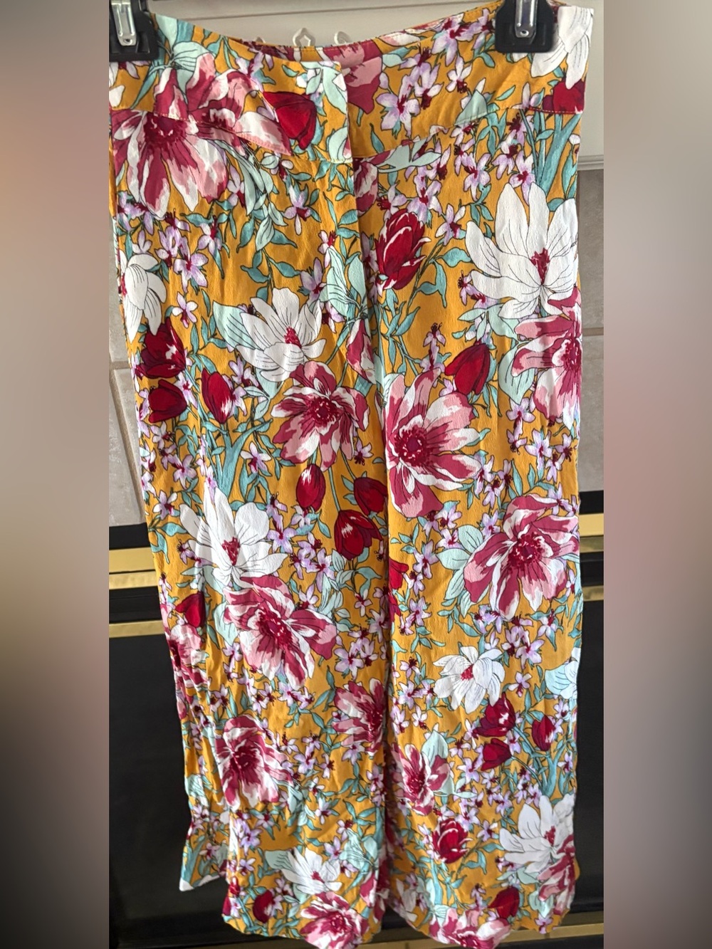 Leith Mustard Floral Button-Front Skirt with Pink & Mint Accents